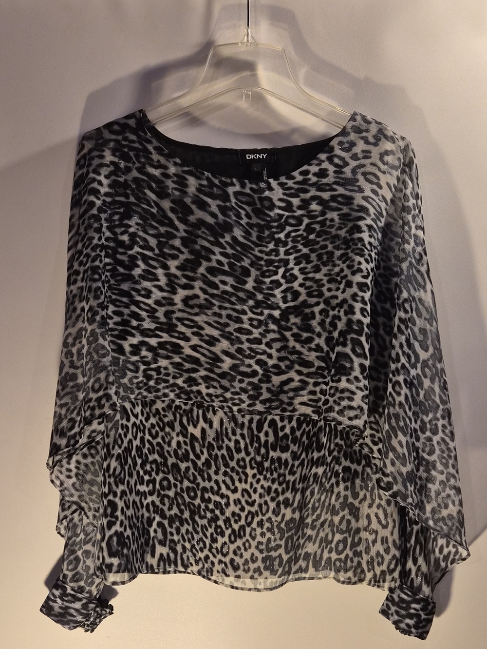 DKNY Black and White Leopard Print Chiffon Blouse